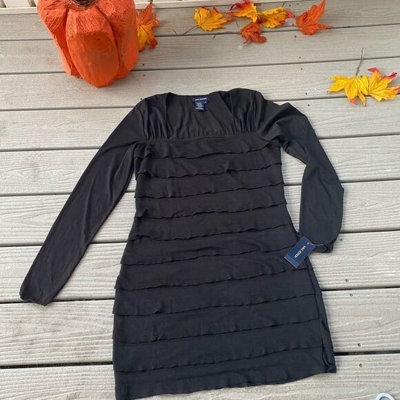 Max Edition Tiered Ruffle Lace Black Long Sleeve Stretchy Fitted Dress Large - Picture 1 of 10